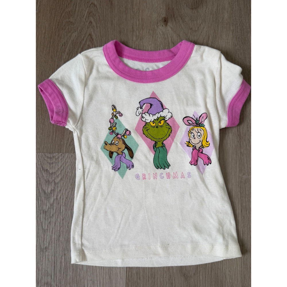 Dr. Seuss Grinchmas Ringer Tee Girls XS 4/5 White Pink Max Cindy Lou Who